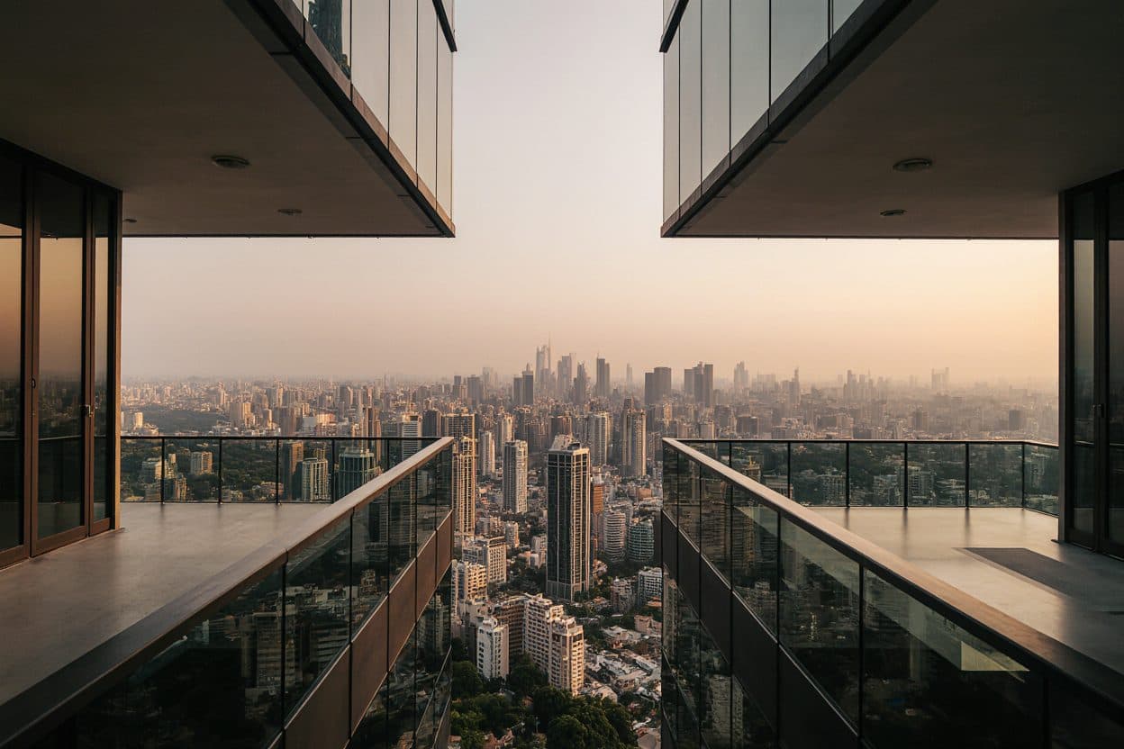 A view over a city of apartment towers from a high-rise balcony