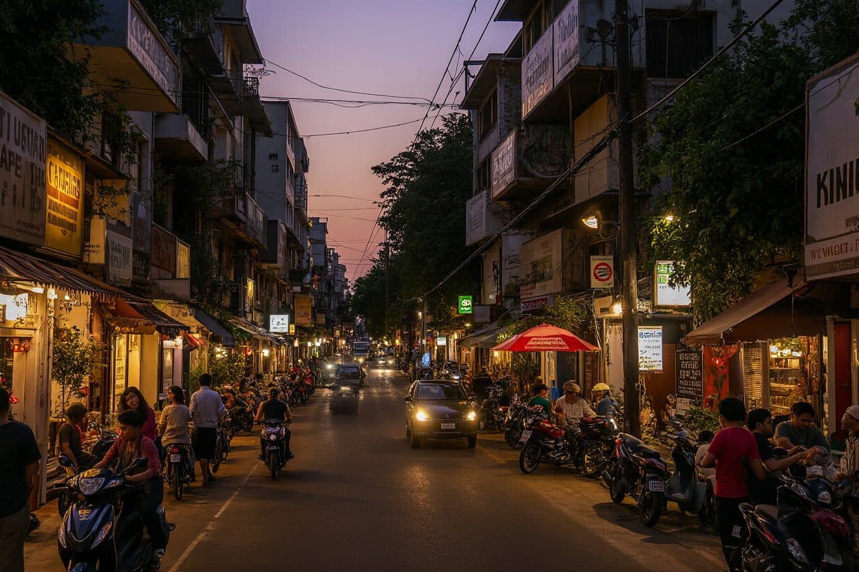 A busy city street in the evening, lined with shops and two-wheelers