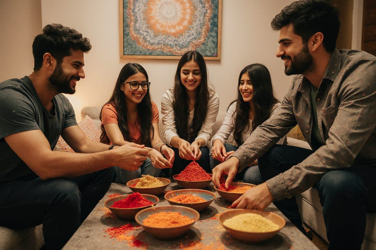 Flatmates sitting around a table with bowls of colour, getting ready for a festival