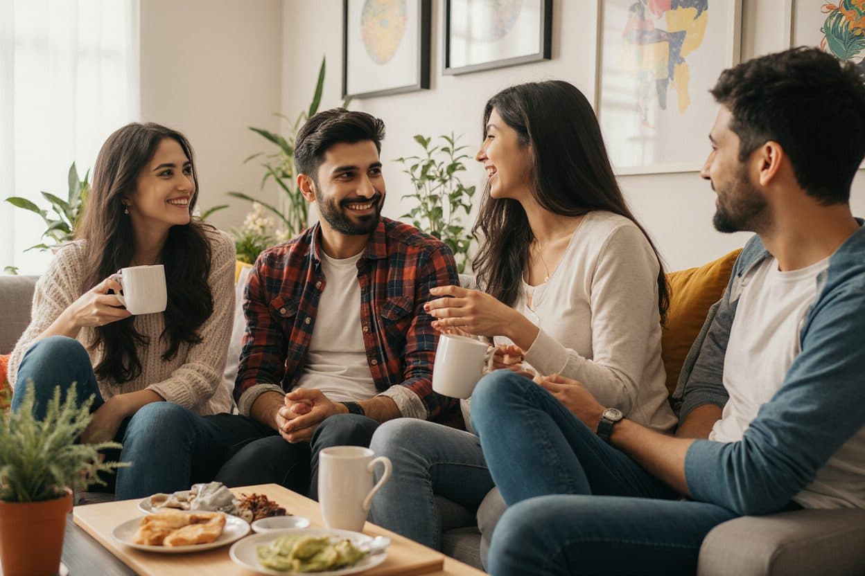 Four flatmates chatting over tea and snacks in their living room