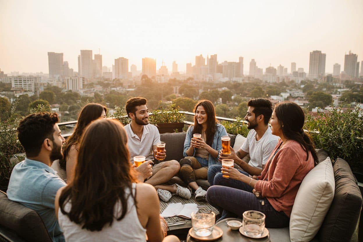A group of young flatmates talking over tea on a rooftop terrace