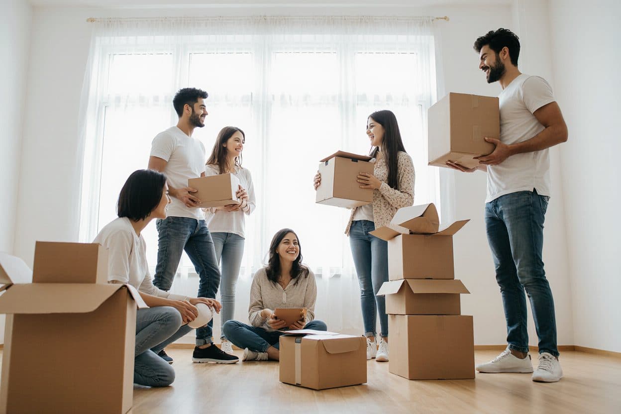 Young flatmates unpacking cardboard boxes in a new, empty flat